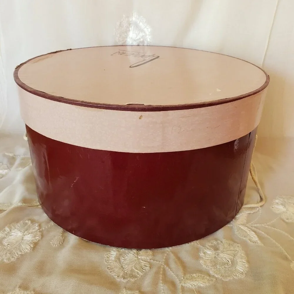 Vintage Hat Box Lipman's of Portland Large Round Pink Burgundy Cord Handle 50s